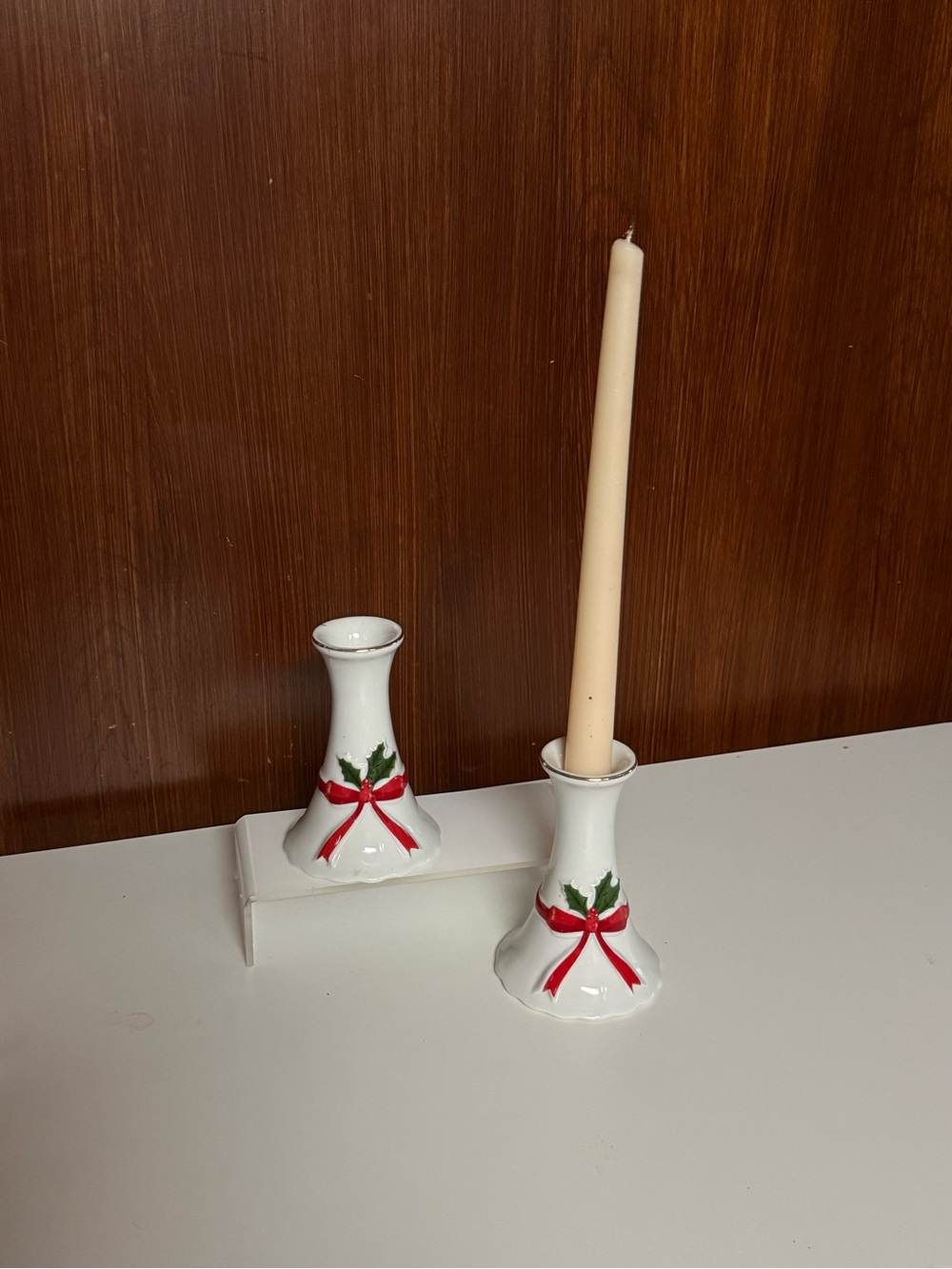 Vintage White Pottery Holiday Ribbon Candle Holder set